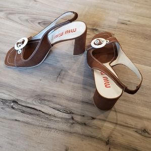 Miu Miu Brown Leather & Canvas Open Toe Heels